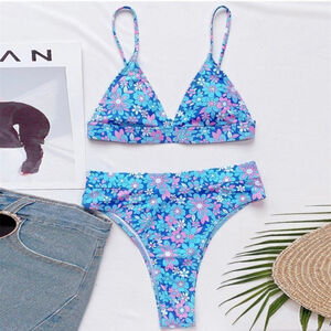 Pink and Blue Floral Bikini Set with Triangle Top